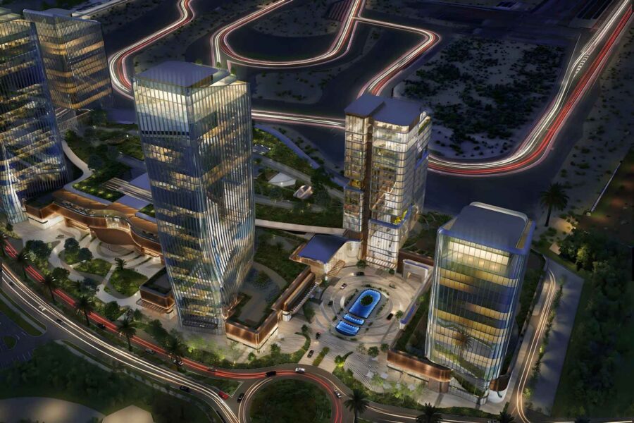 Dawn at O1NE District — Motor City, Dubai